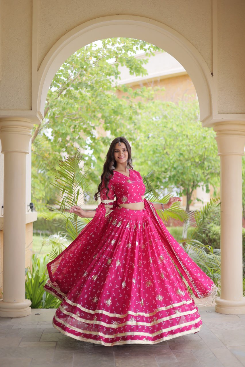 Premium Faux Georgette Bandhej Print Lehenga Choli with Embroidery & Dupatta
