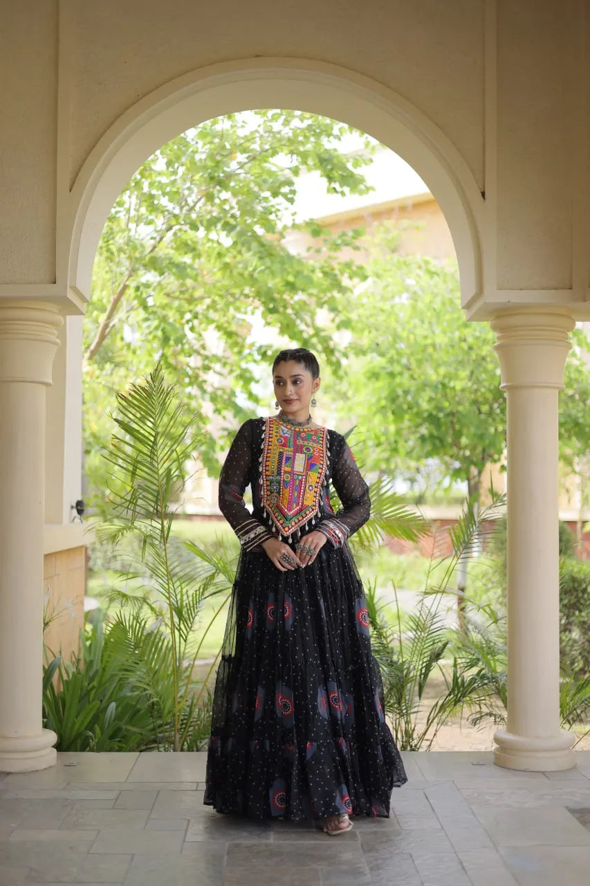 Premium Faux Georgette Navratri Gown with Bandhani Print & Kutchi Patchwork