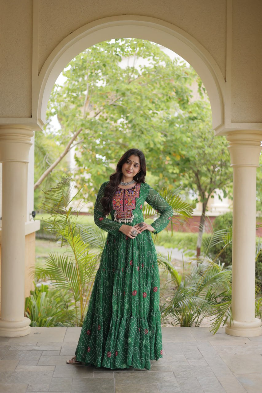 Premium Faux Georgette Navratri Gown with Bandhani Print & Kutchi Patchwork