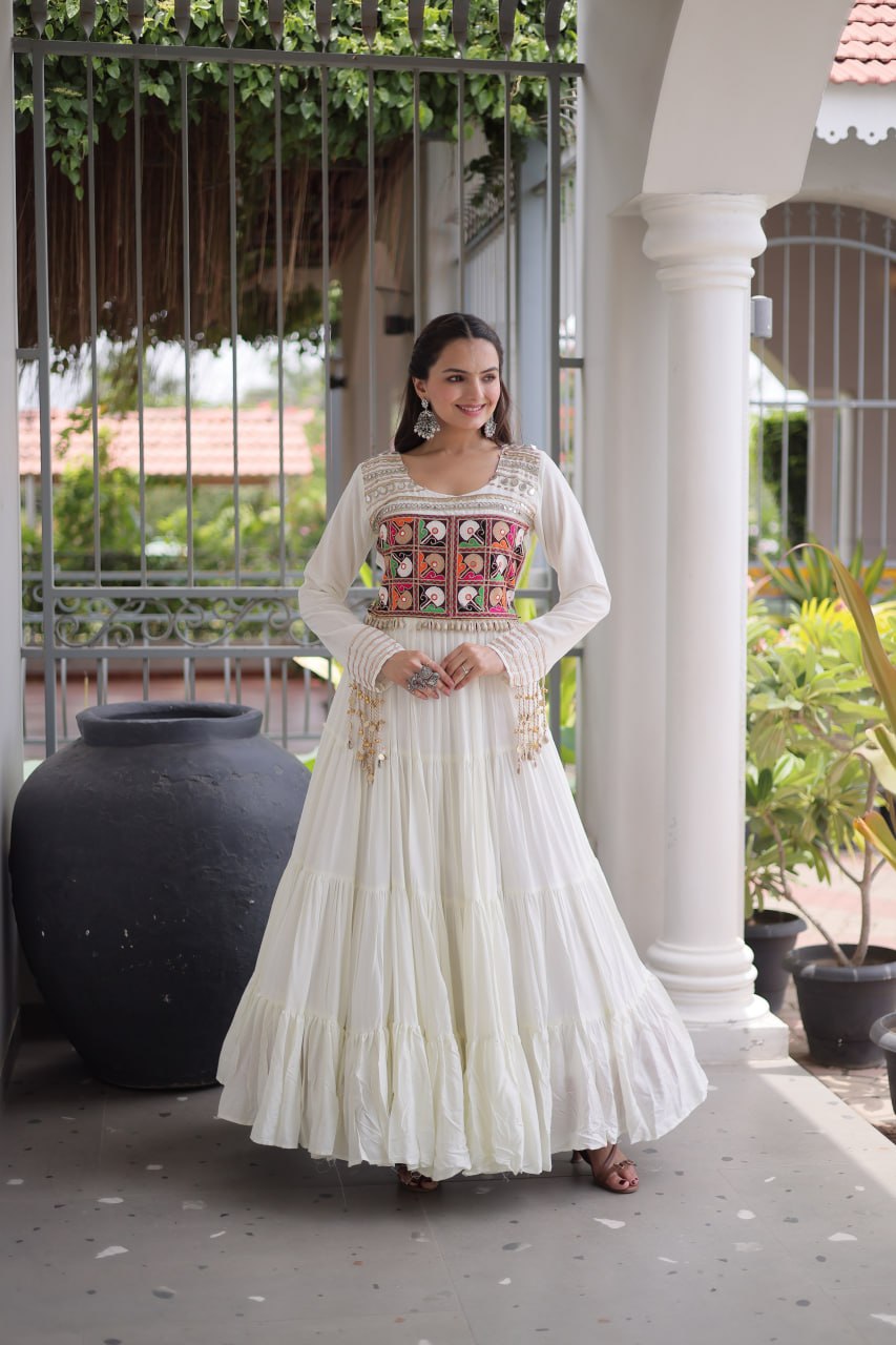 Reyon Navratri Gown with Kutchi Gamthi Embroidery & Mirror Work