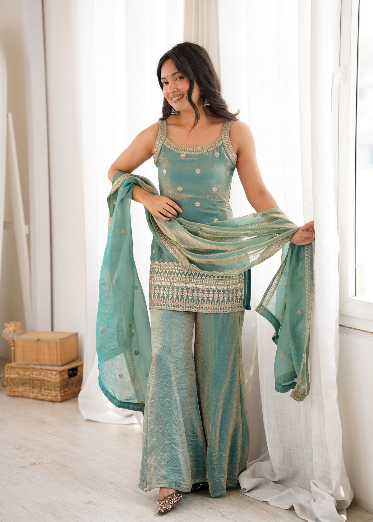 Premium Frendy Silk Embroidered Top & Bell Bottom Set with Dupatta