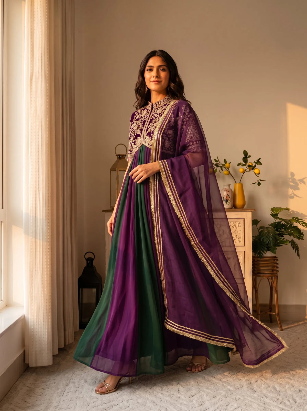 Premium NC Moss Silk Gown with Embroidery, Beads & Tassel Sleeves