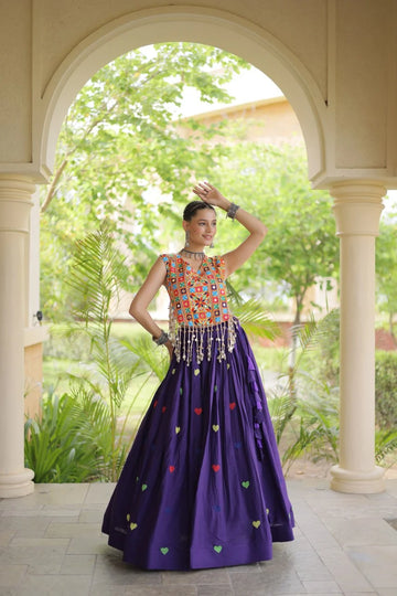 Premium Cora Cotton Navratri Lehenga Choli with Heart Thread Embroidery & Gamthi Mirror Work