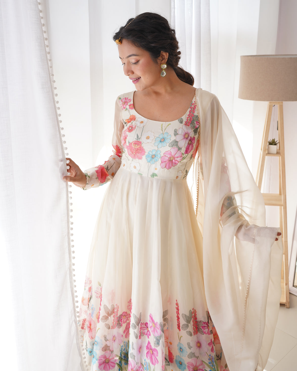 Premium Organza Silk Printed Anarkali Suit Set with Badla Jari & Gota Patti Work