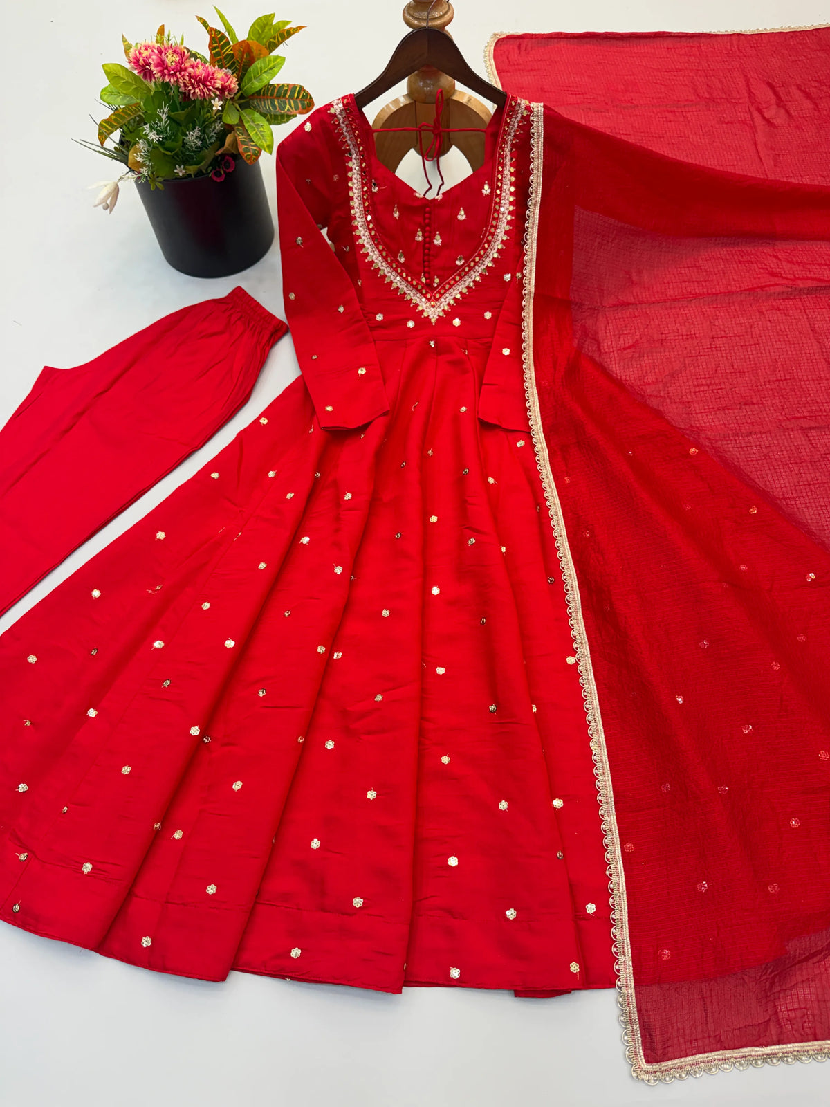 Premium Roman Silk Anarkali Gown with Embroidery, Sequin & Real Mirror Work