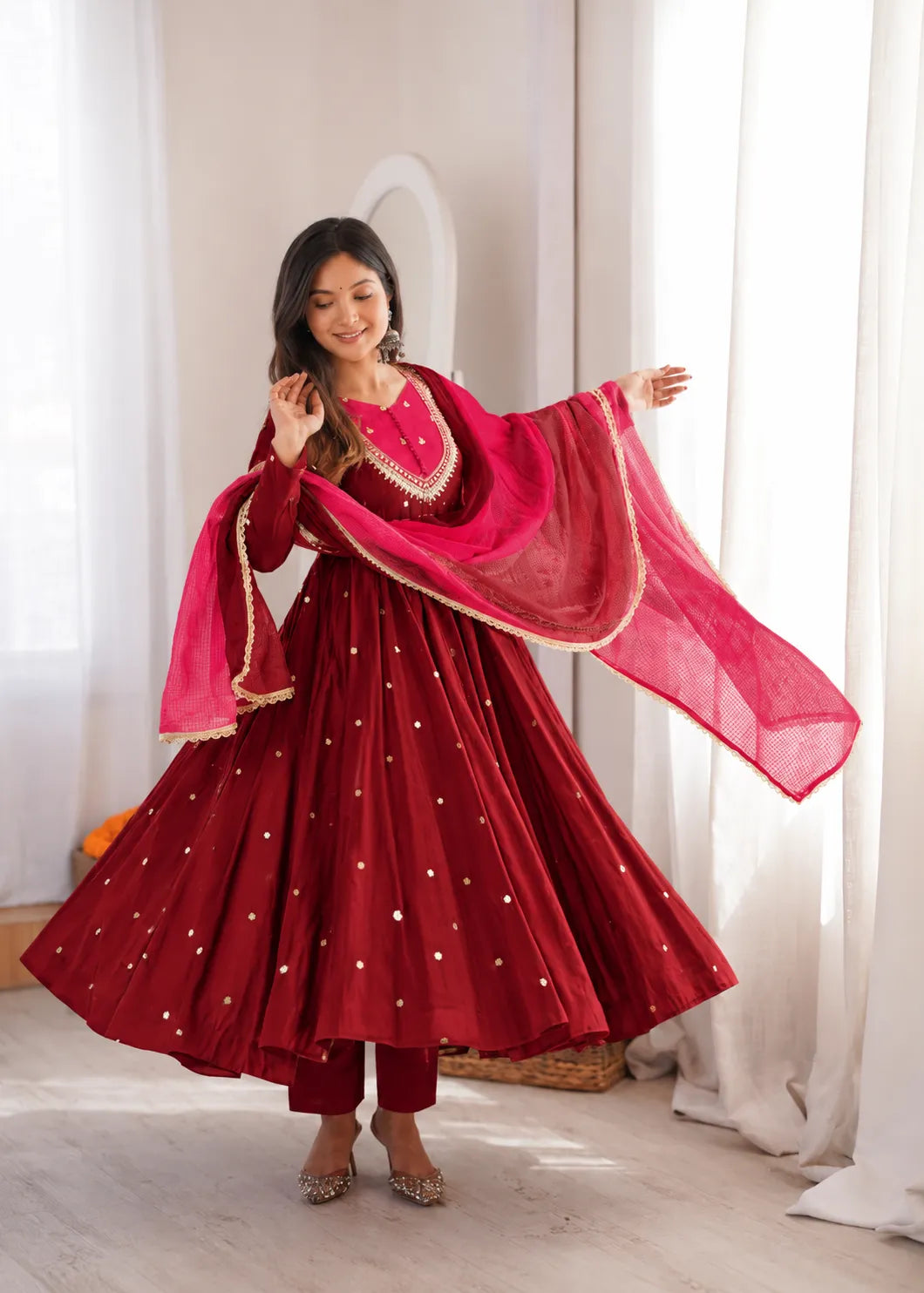 Premium Roman Silk Anarkali Gown with Embroidery, Sequin & Real Mirror Work