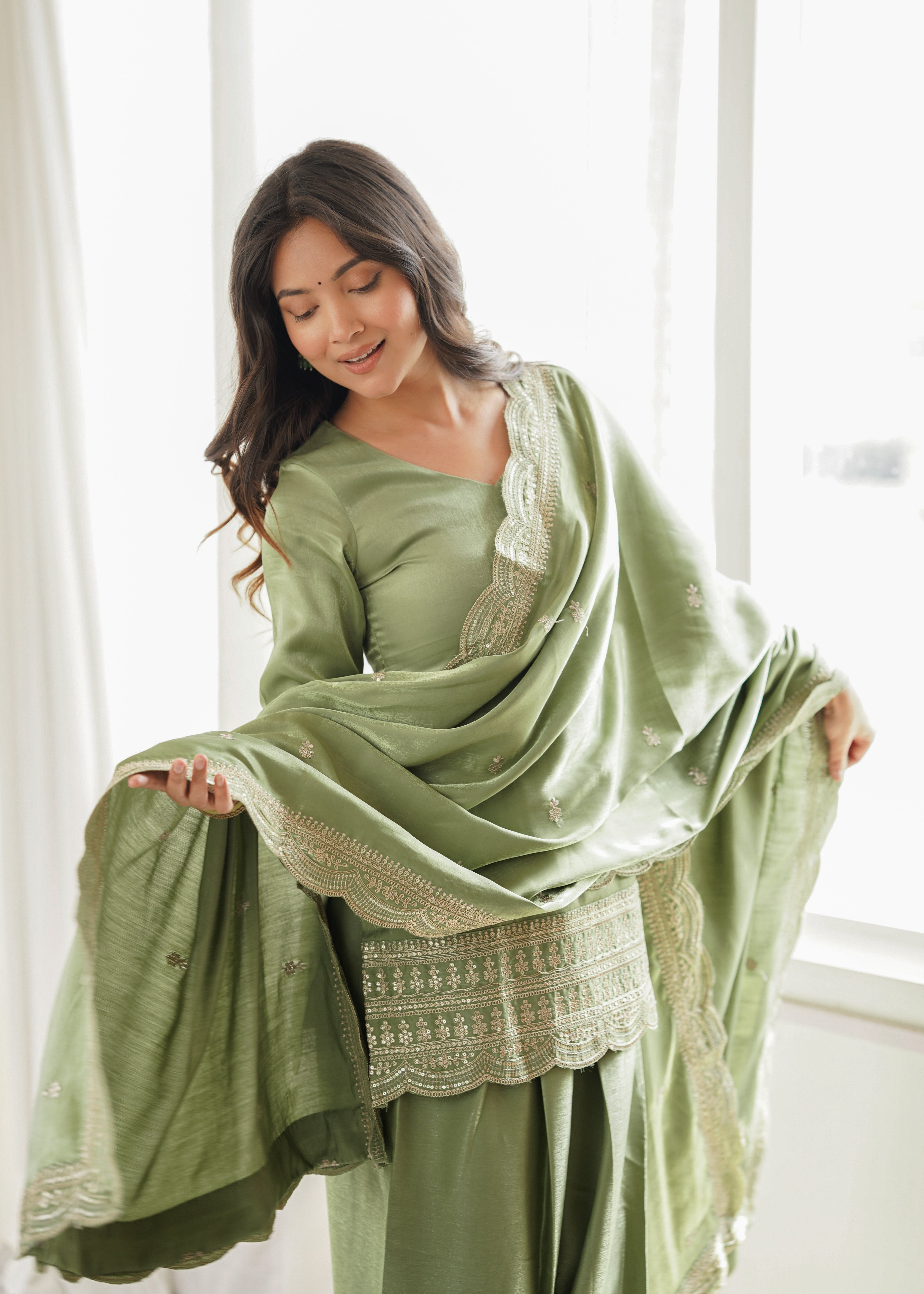 Premium Glass Roman Silk Embroidered Farshi Shalwar Set with Dupatta