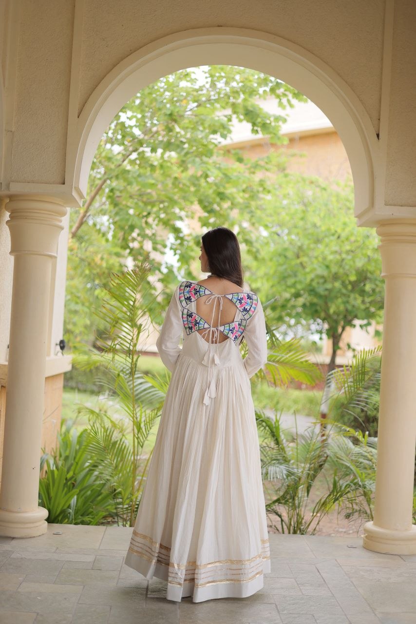 Premium Kora Cotton Navratri Gown with Multi-Thread Embroidery, Gota Patti, Mirror & Codi Lace Work