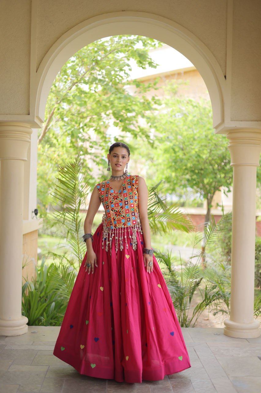 Premium Cora Cotton Navratri Lehenga Choli with Heart Thread Embroidery & Gamthi Mirror Work