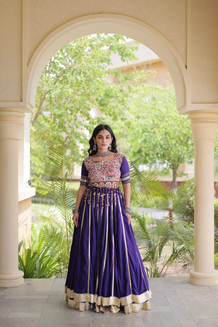 Reyon Navratri Lehenga Choli with Gota Patti Lace, Gamthi Embroidery & Real Mirror Work