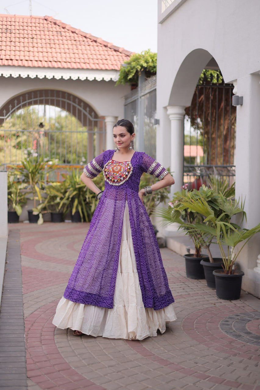 Premium Kora Cotton Navratri Lehenga with Bandhani Print & Kutchi Patchwork Kurti