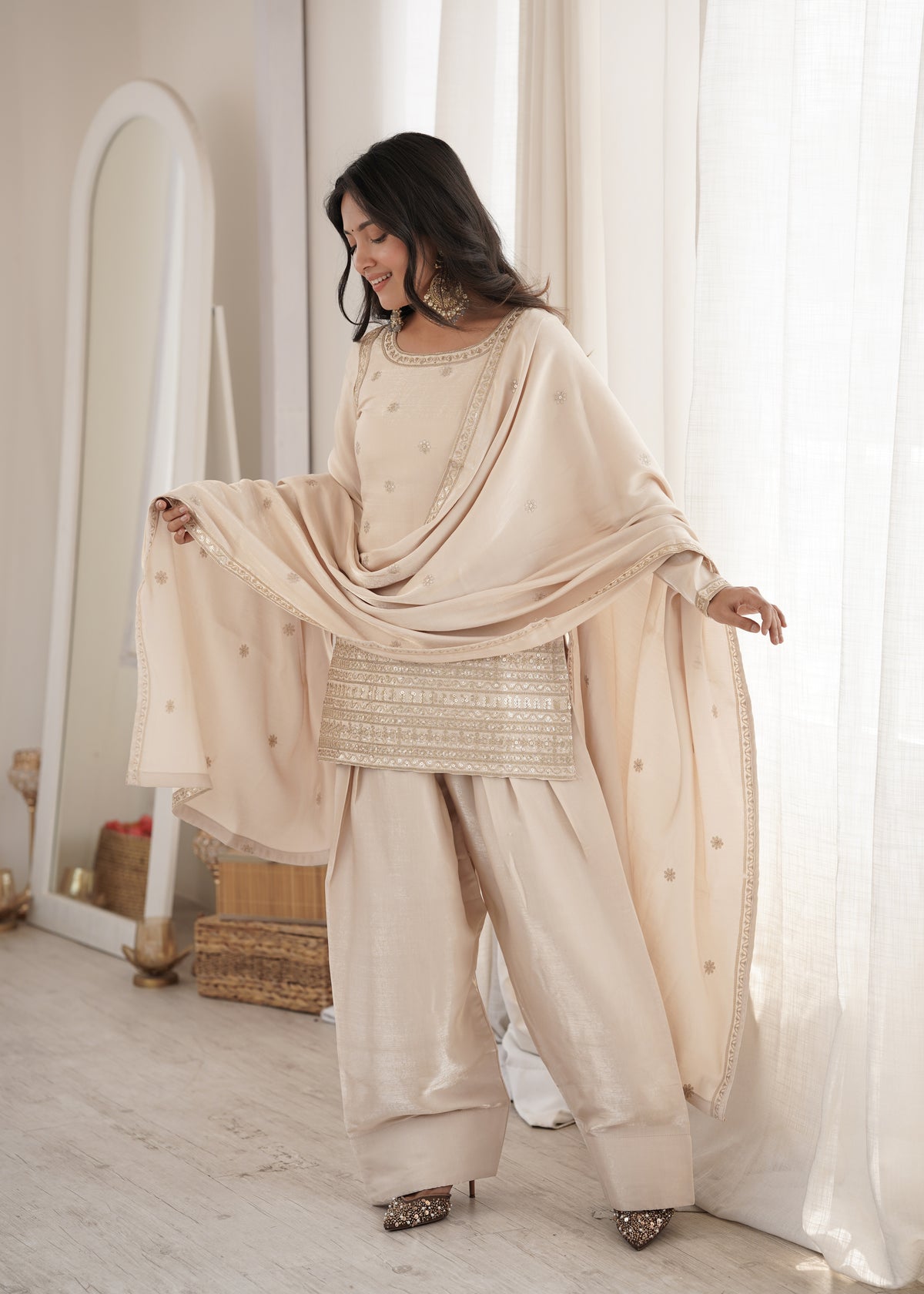 Premium Glass Roman Silk Top & Farshi Shalwar Set with Embroidery, Sequin, Dori & Jari Work