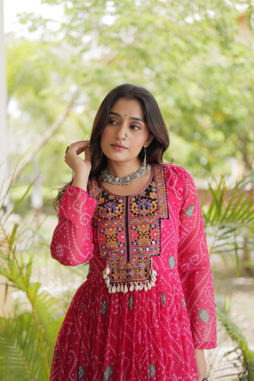 Premium Faux Georgette Navratri Gown with Bandhani Print & Kutchi Patchwork