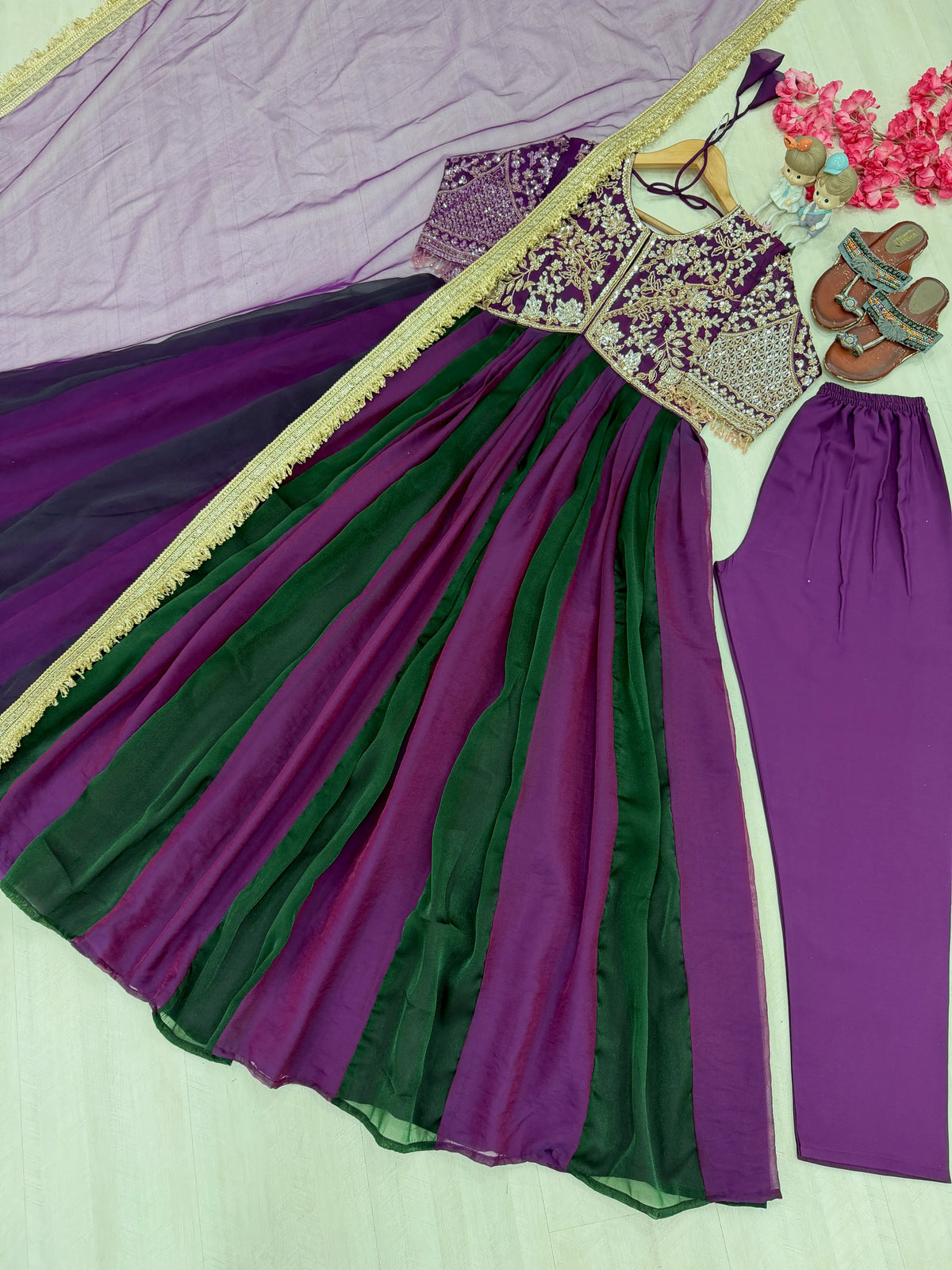 Premium NC Moss Silk Gown with Embroidery, Beads & Tassel Sleeves