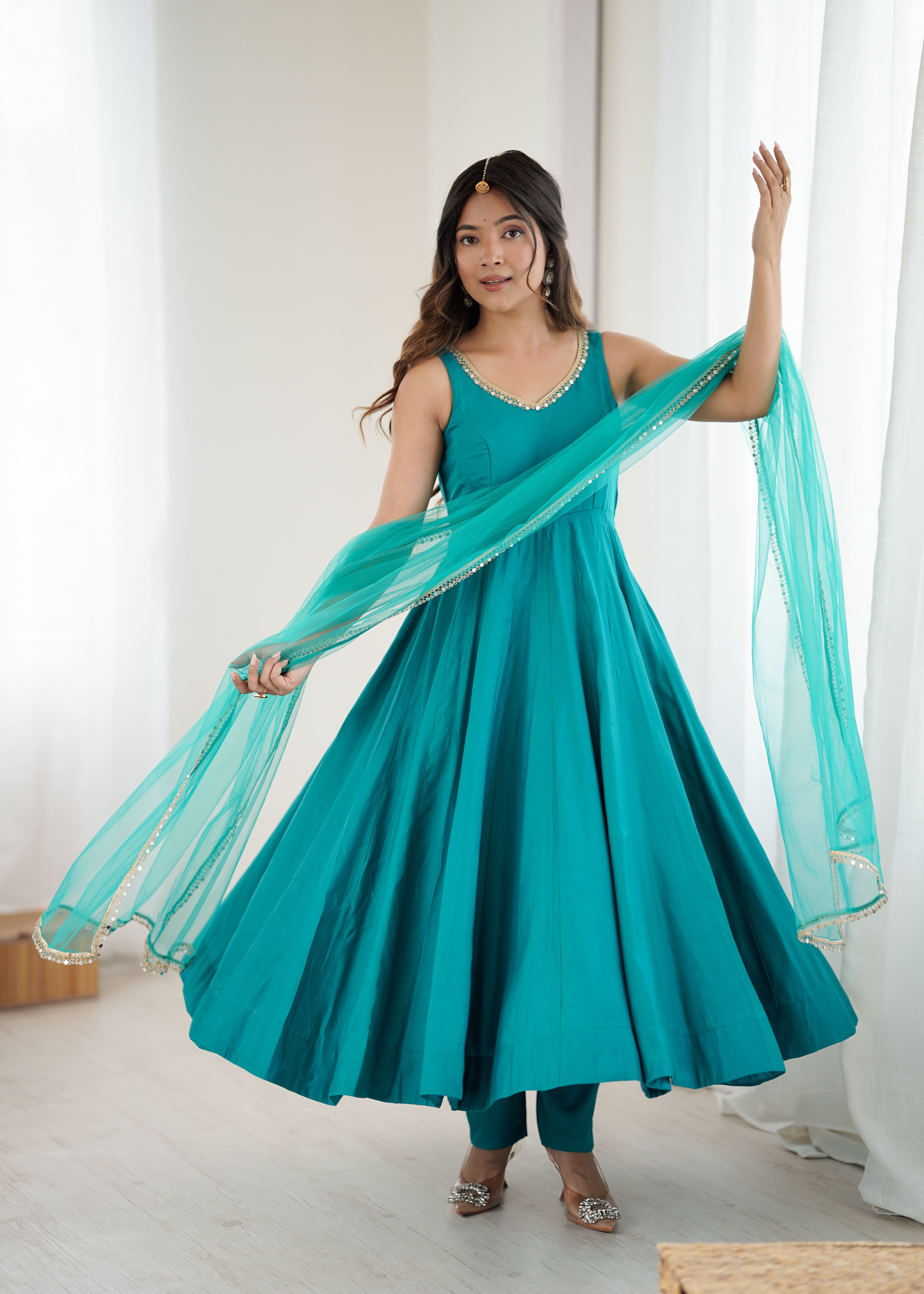 Premium Pure Romansilk Chanderi 4 Meter Flared Anarkali Gown Set