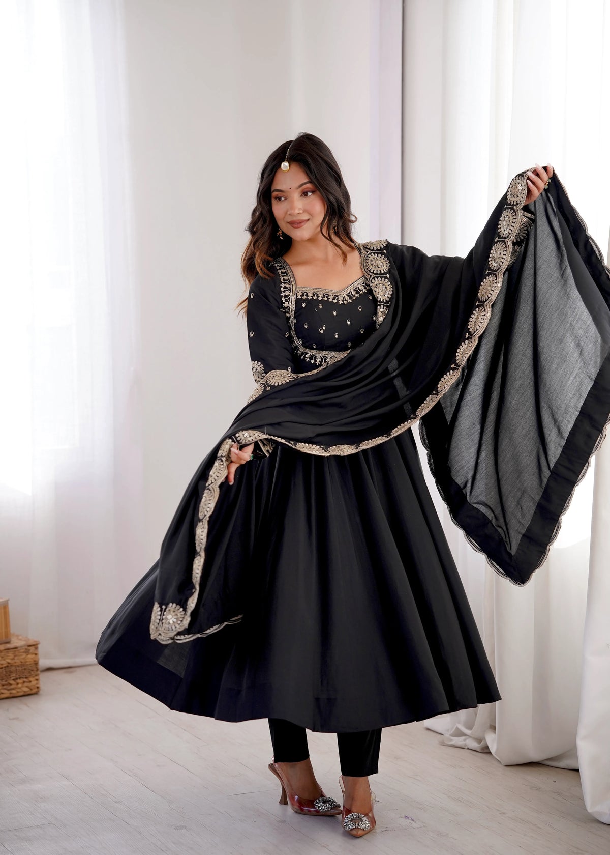 Premium Roman Silk Anarkali Gown with Embroidery & Sequin Work