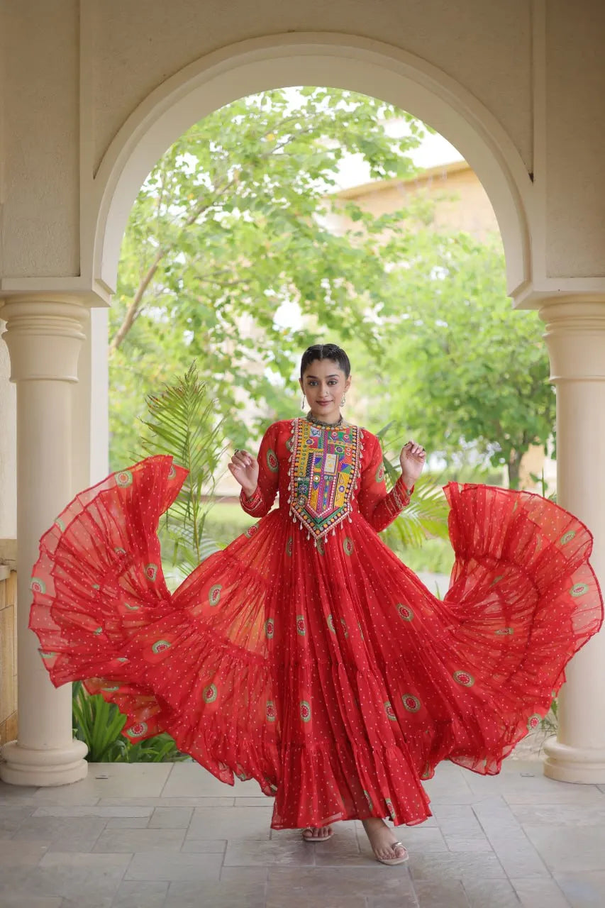 Premium Faux Georgette Navratri Gown with Bandhani Print & Kutchi Patchwork