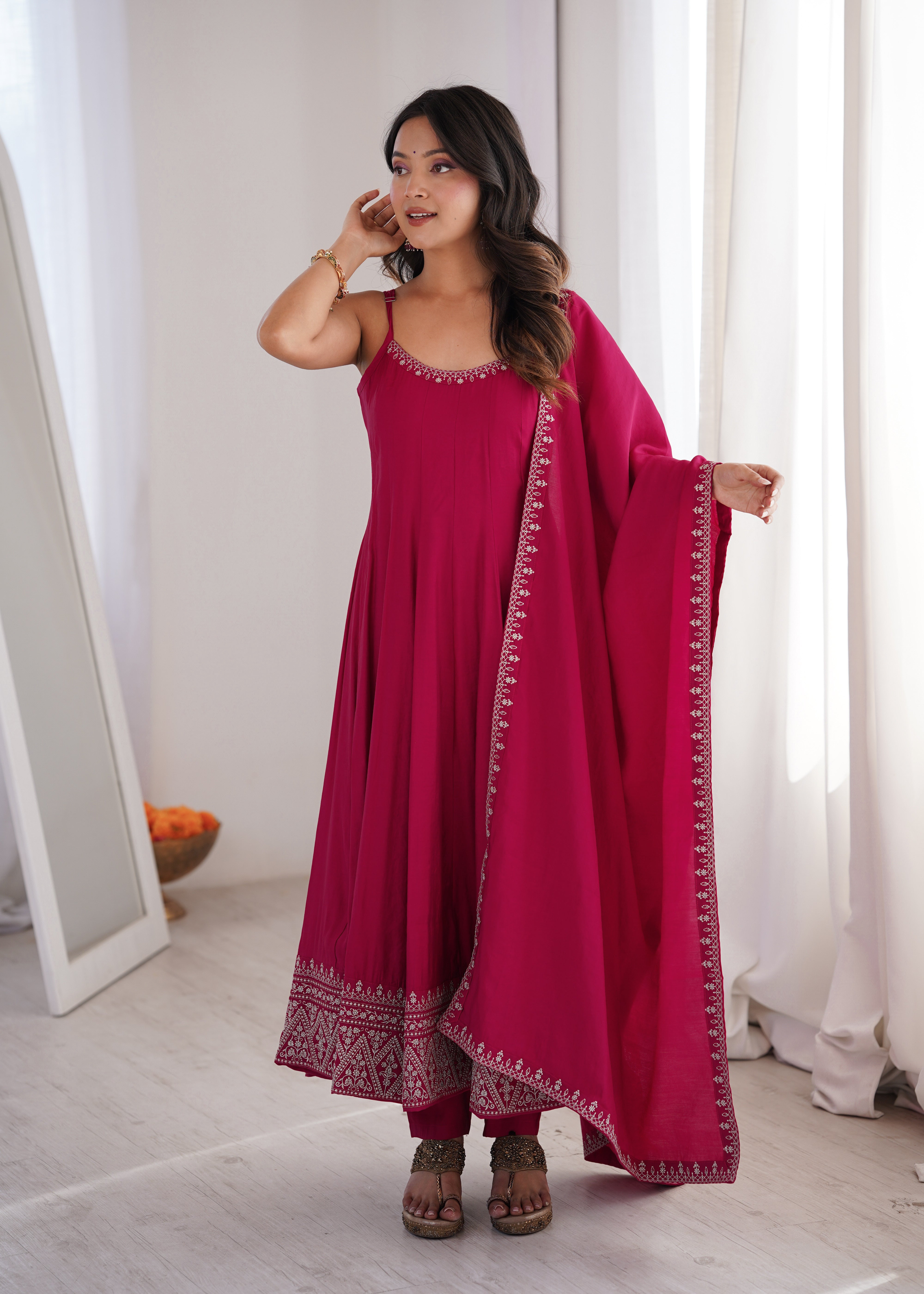 Premium Pure Romansilk Chanderi Flared Anarkali Gown Set