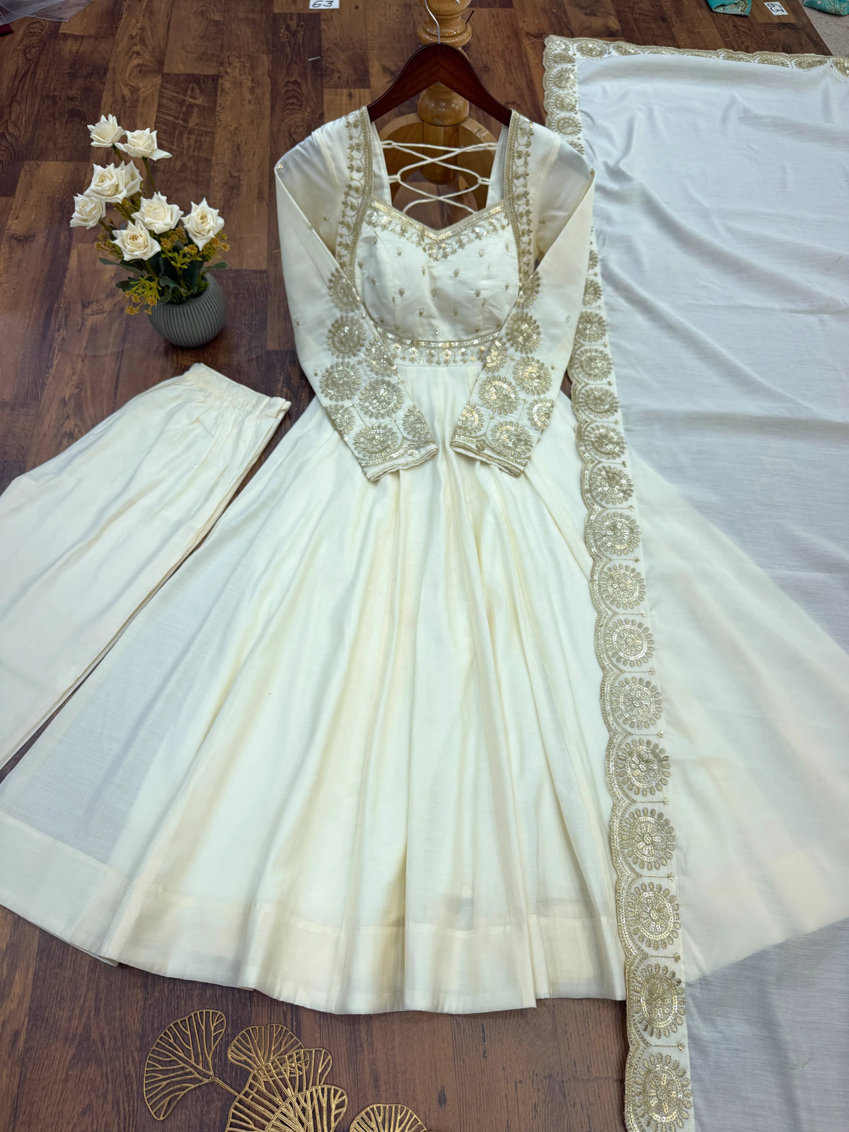 Premium Roman Silk Anarkali Gown with Embroidery & Sequin Work