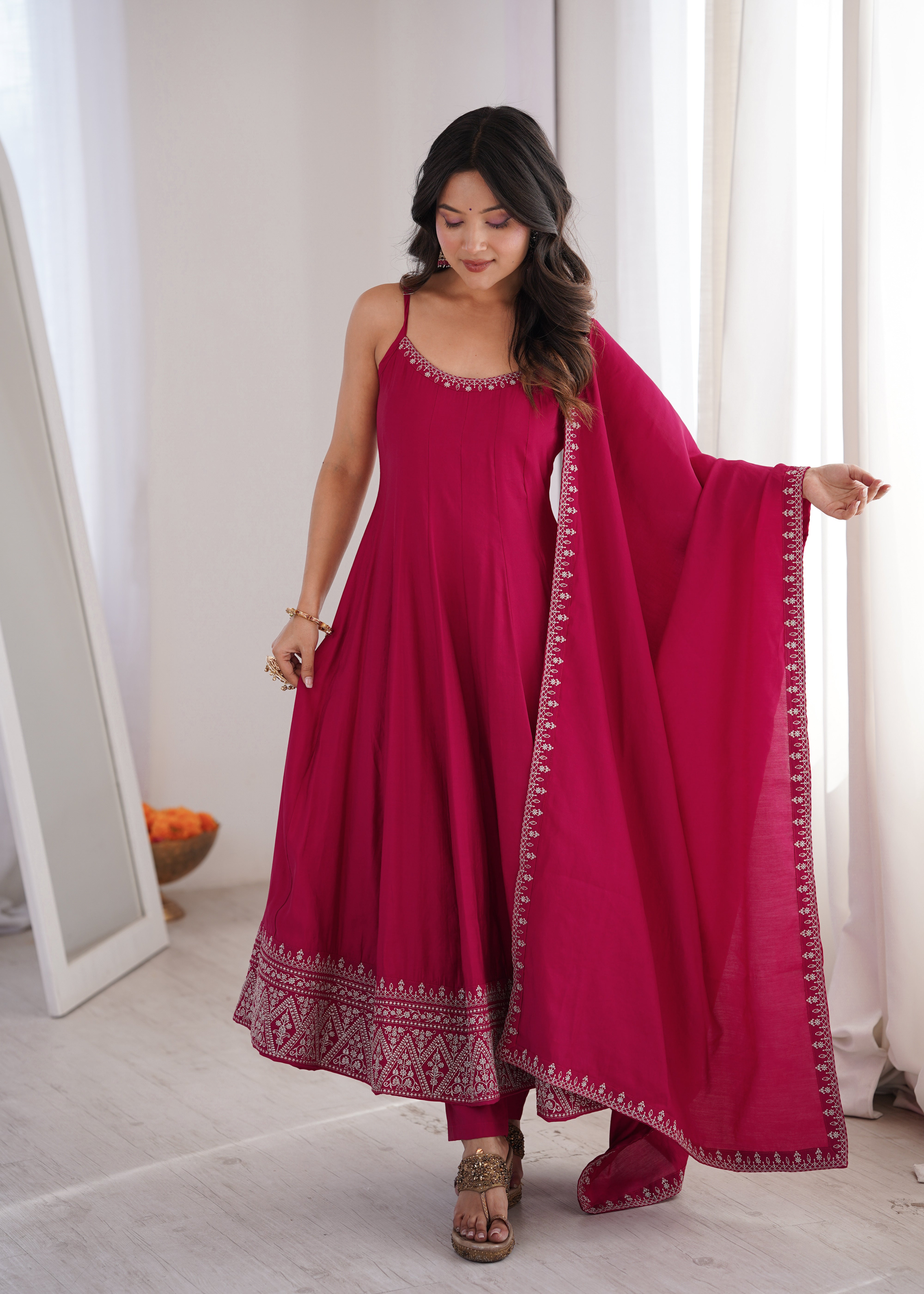 Premium Pure Romansilk Chanderi Flared Anarkali Gown Set