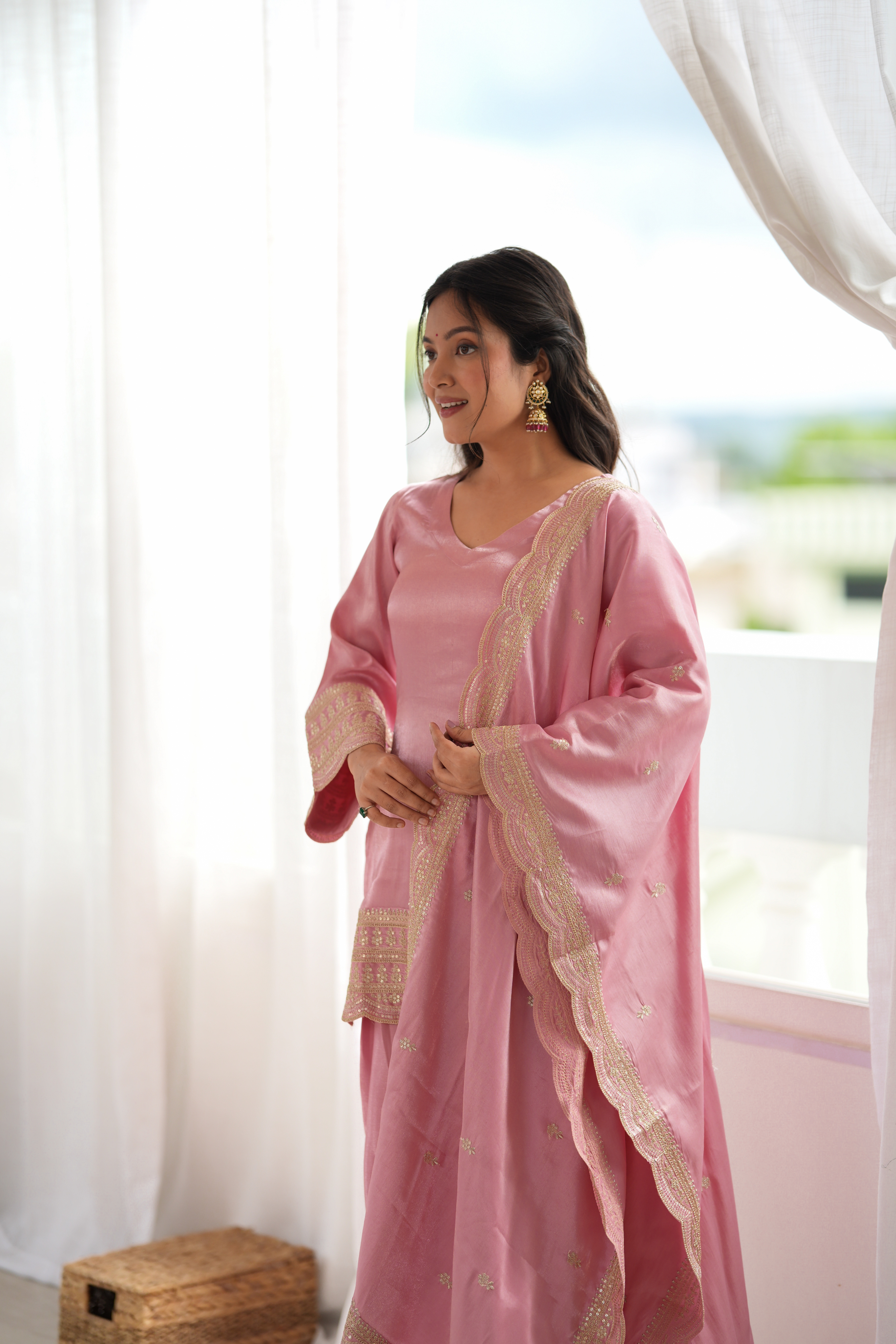 Premium Glass Roman Silk Embroidered Farshi Shalwar Set with Dupatta