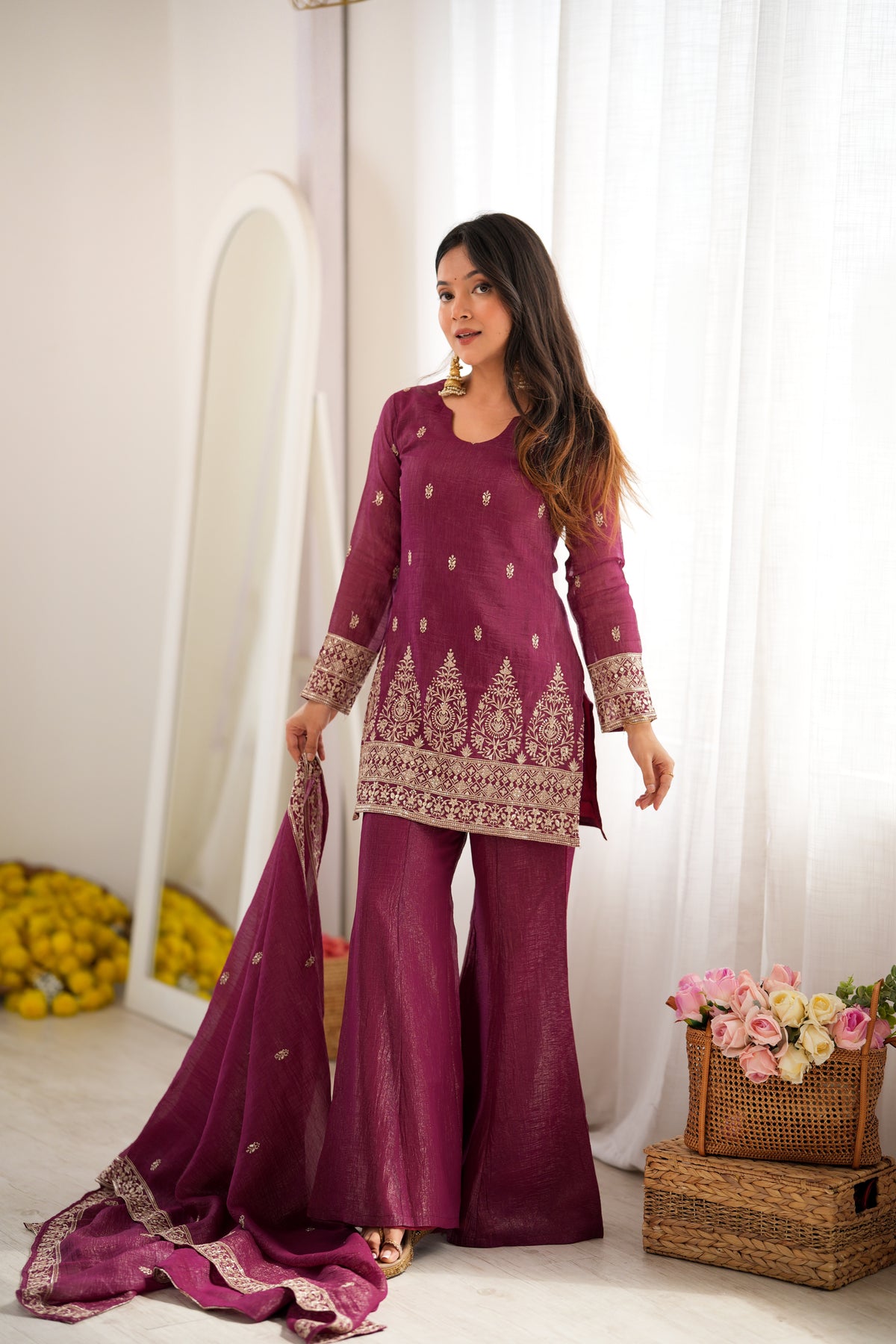 Premium Crunchy Silk Top & Bell Bottom Pant Set with Embroidery, Sequin & Jari Work