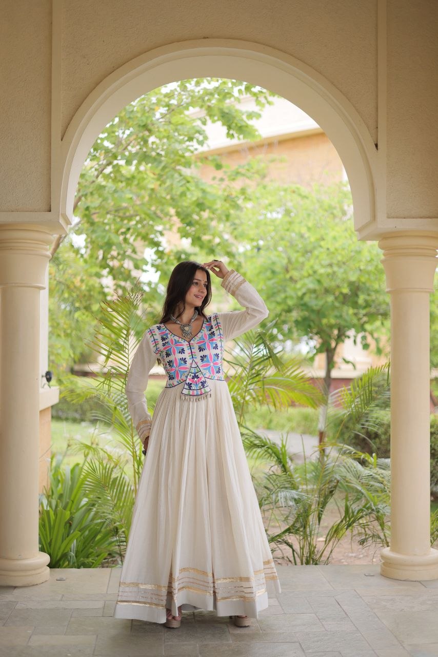 Premium Kora Cotton Navratri Gown with Multi-Thread Embroidery, Gota Patti, Mirror & Codi Lace Work