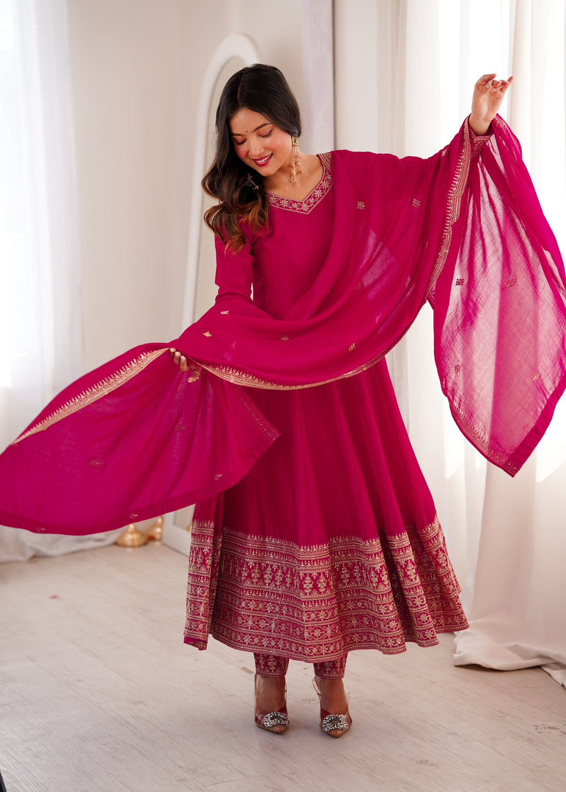 Premium Blooming Vichitra Silk Anarkali Gown Set with Embroidery, Sequin, Dori & Jari Work