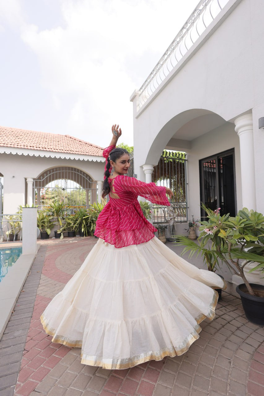 Premium Kora Cotton Navratri Lehenga Choli with Frill Stitching, Lampi Lace & Kutchi Gamthi Patchwork