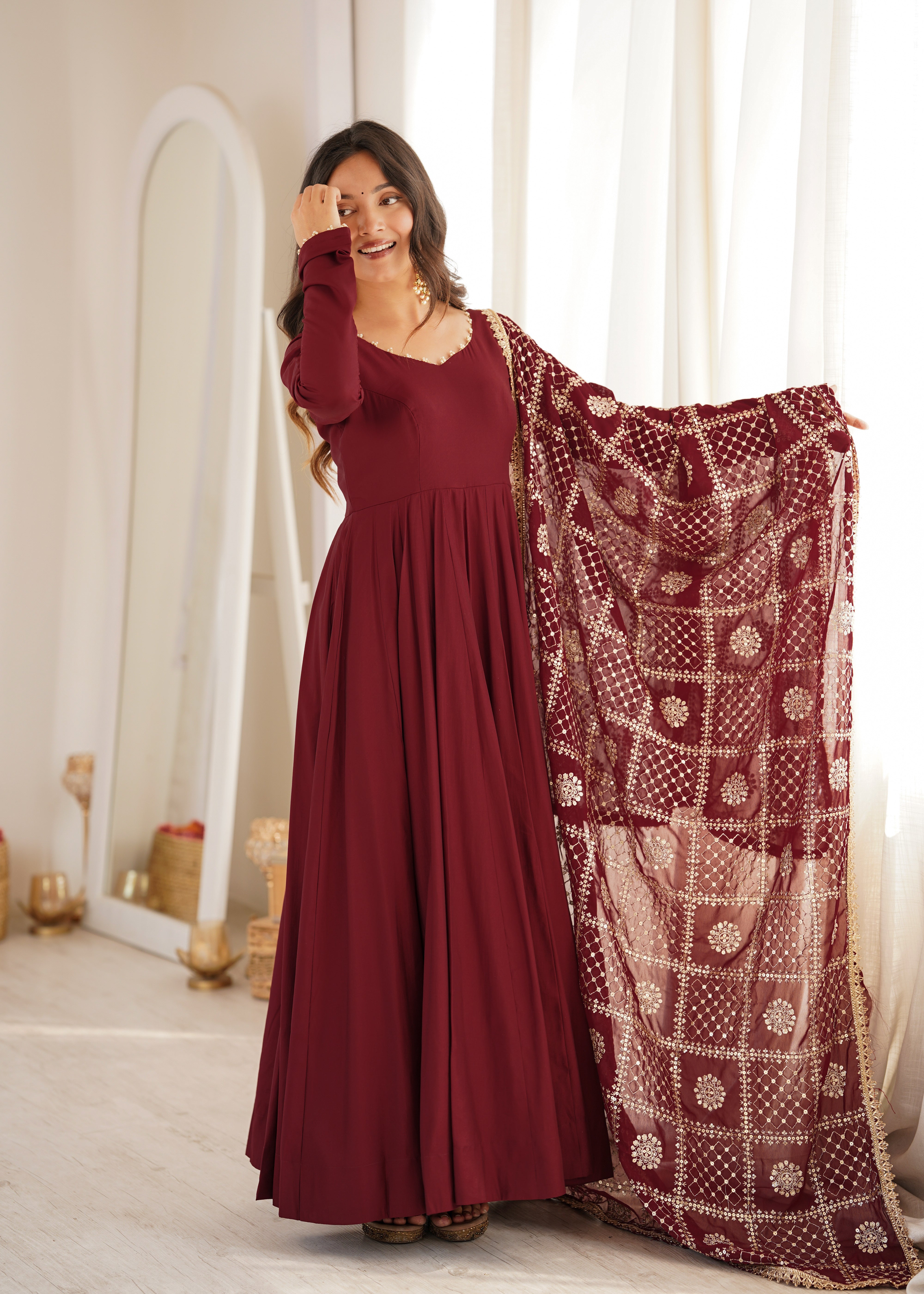 Premium Pure Romansilk Chanderi Fully Flared Anarkali Gown Set