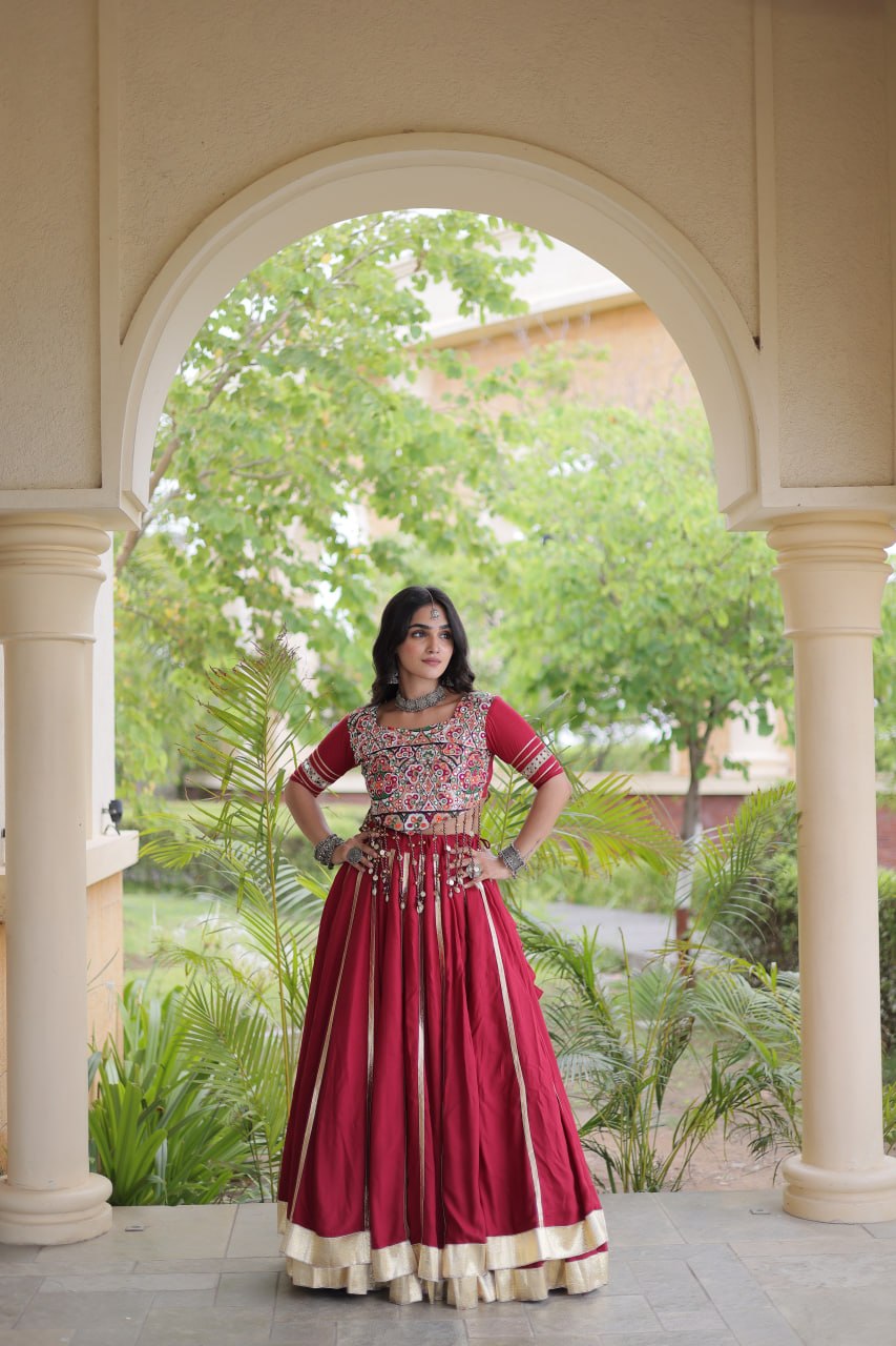 Reyon Navratri Lehenga Choli with Gota Patti Lace, Gamthi Embroidery & Real Mirror Work