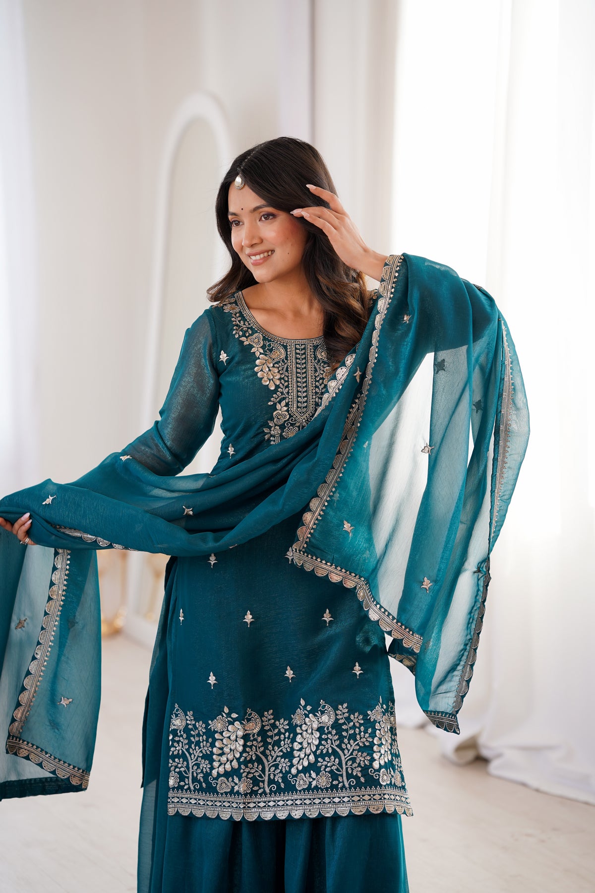 Premium Crunchy Silk Sharara Suit with Embroidery, Sequin & Jari Work