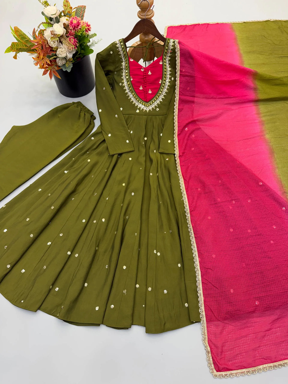 Premium Roman Silk Anarkali Gown with Embroidery, Sequin & Real Mirror Work