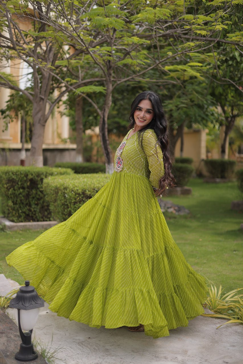 Premium Faux Georgette Navratri Gown with Laheriya Print & Kutchi Patchwork