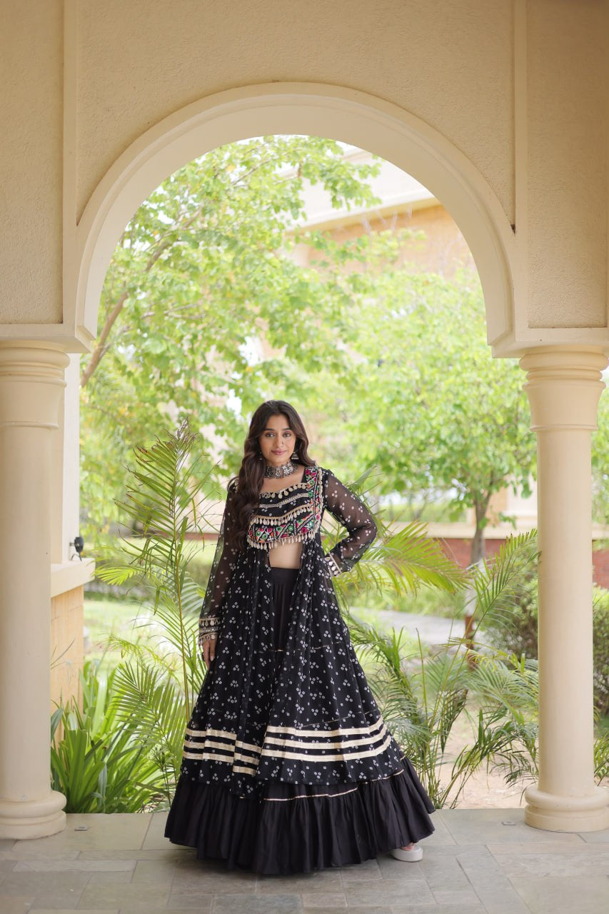 Premium Kora Cotton Navratri Lehenga with Bandhani Print & Kutchi Patchwork Kurti