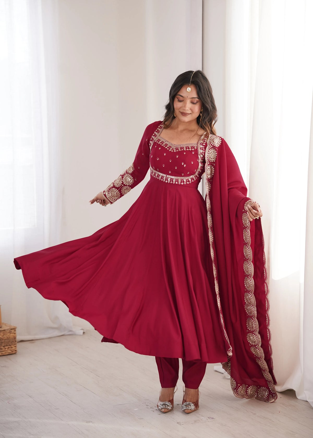 Premium Roman Silk Anarkali Gown with Embroidery & Sequin Work