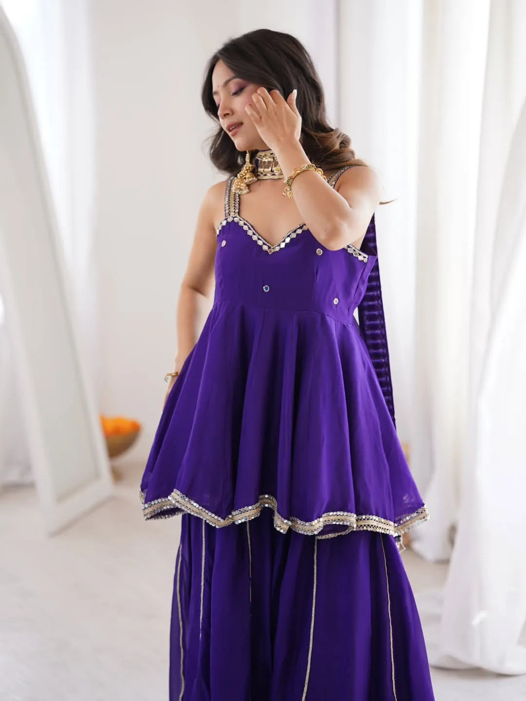 Premium Soft Chinon Palazzo Set with Original Mirror Work, Gota Patti & Stylish Belt