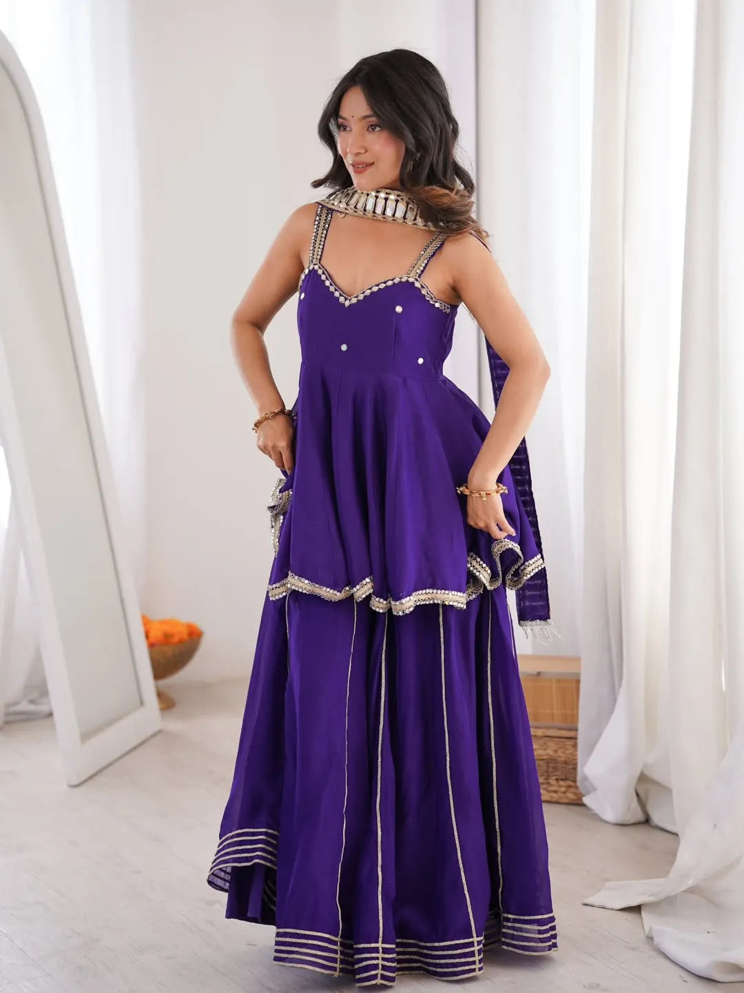 Premium Soft Chinon Palazzo Set with Original Mirror Work, Gota Patti & Stylish Belt