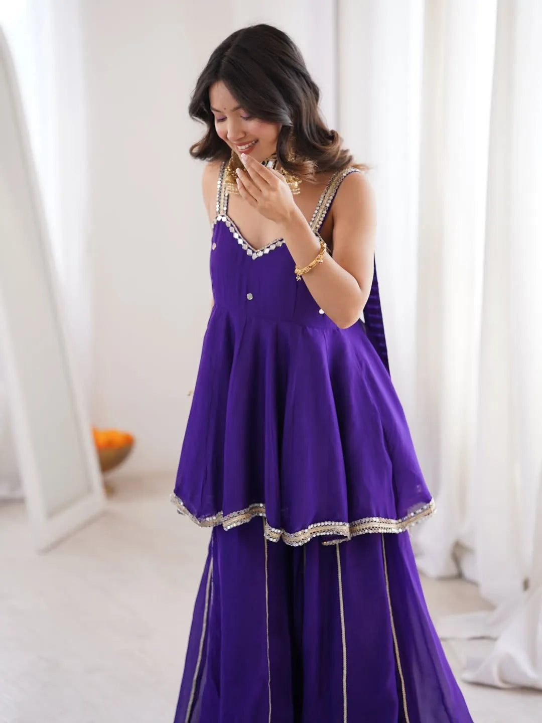 Premium Soft Chinon Palazzo Set with Original Mirror Work, Gota Patti & Stylish Belt