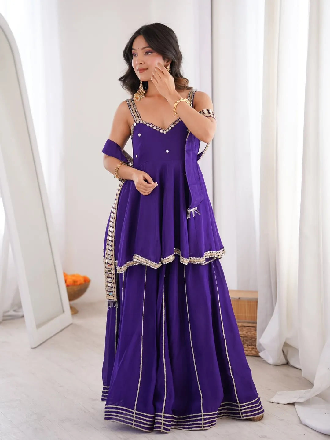 Premium Soft Chinon Palazzo Set with Original Mirror Work, Gota Patti & Stylish Belt