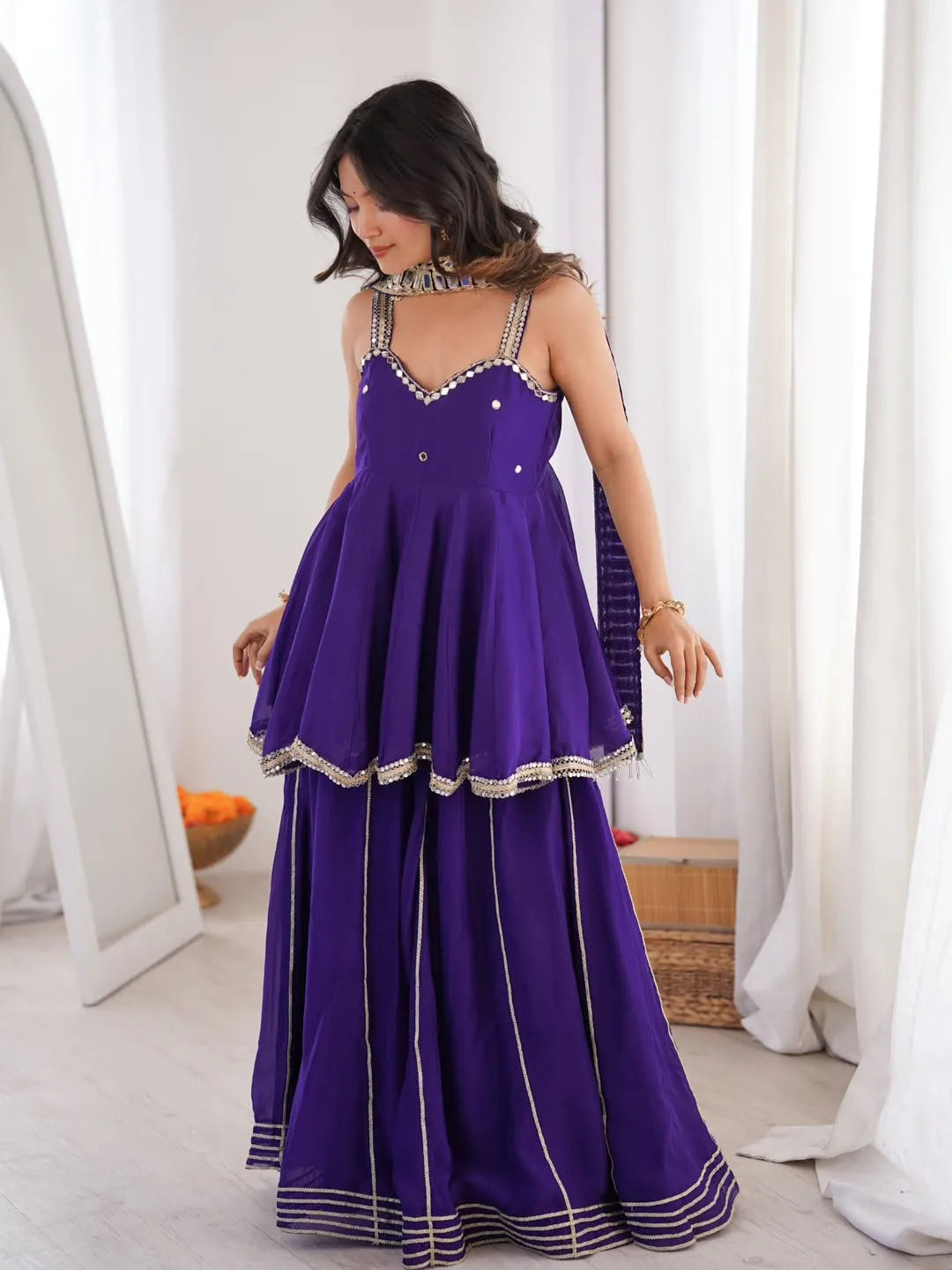Premium Soft Chinon Palazzo Set with Original Mirror Work, Gota Patti & Stylish Belt