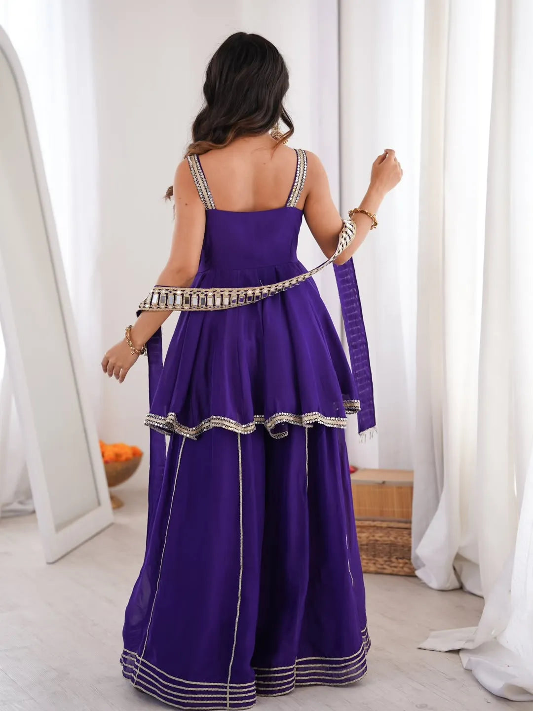 Premium Soft Chinon Palazzo Set with Original Mirror Work, Gota Patti & Stylish Belt