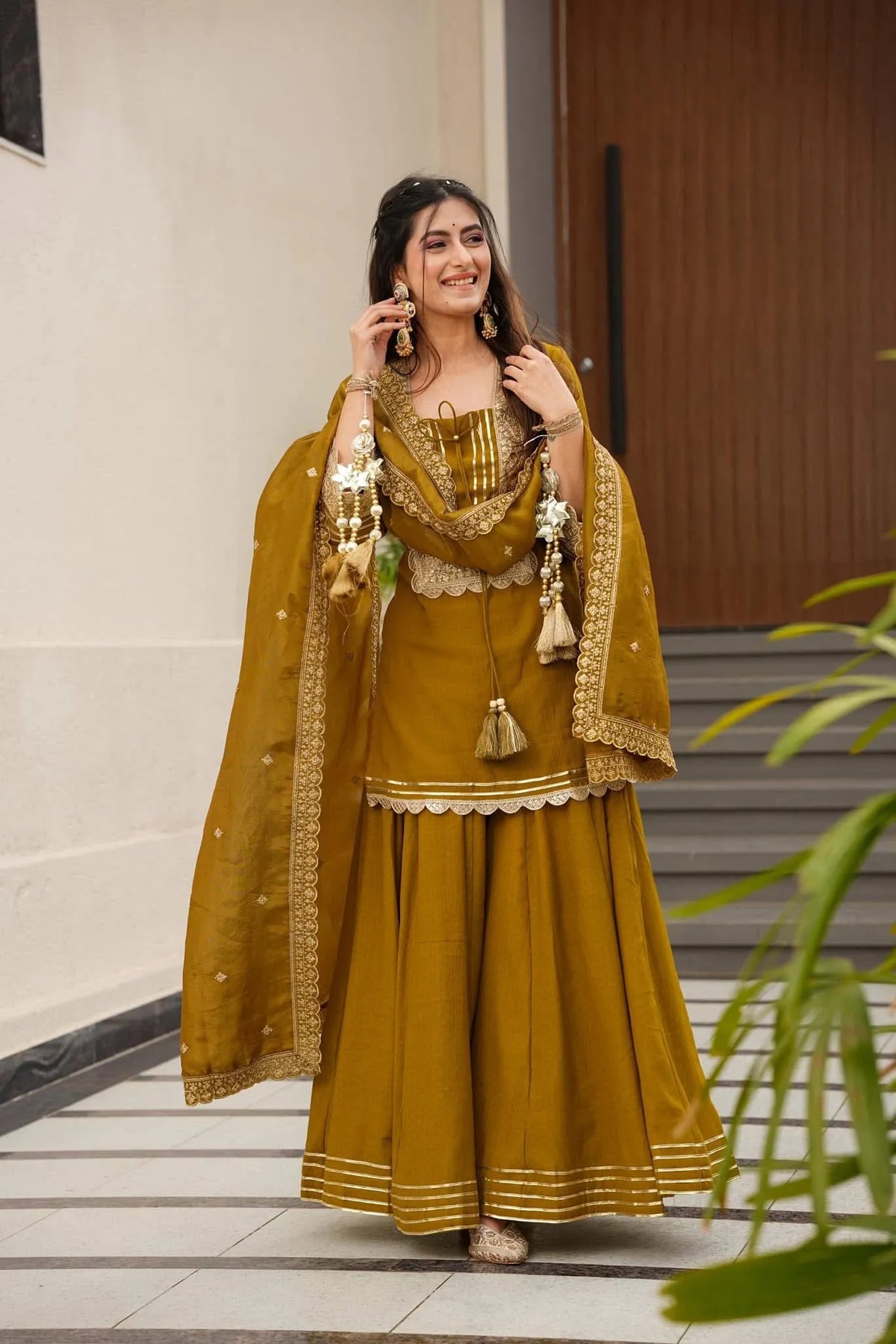 Premium Soft Chinon Palazzo Set with Embroidery, Sequin & Gota Work
