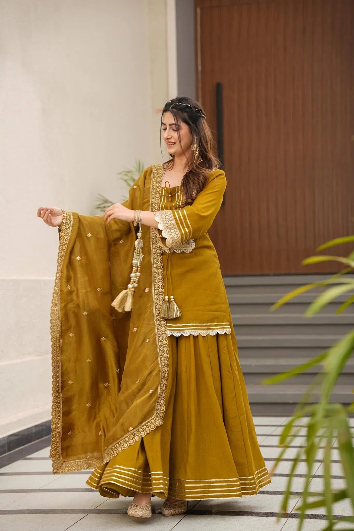 Premium Soft Chinon Palazzo Set with Embroidery, Sequin & Gota Work