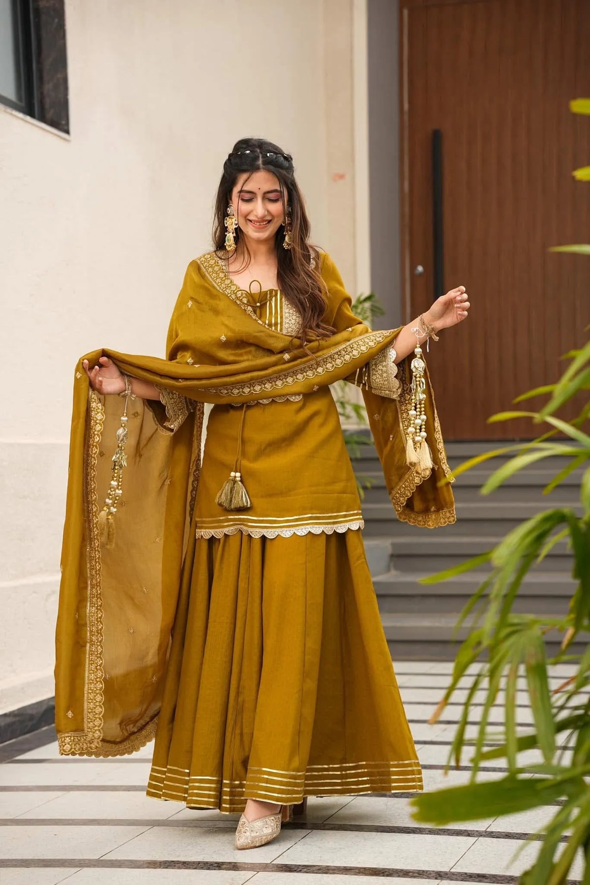Premium Soft Chinon Palazzo Set with Embroidery, Sequin & Gota Work
