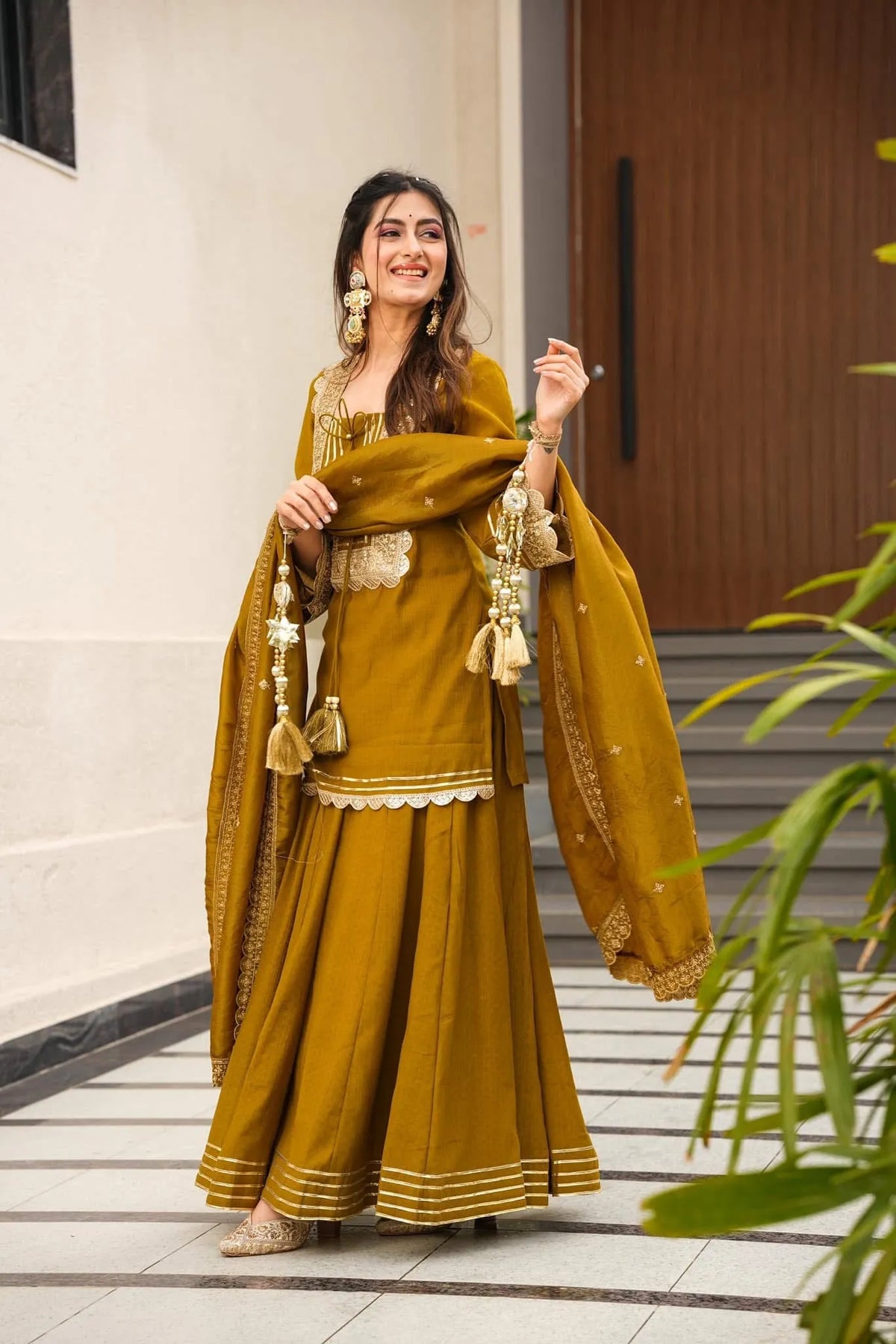 Premium Soft Chinon Palazzo Set with Embroidery, Sequin & Gota Work