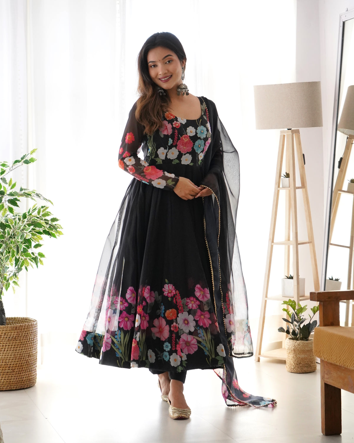 Premium Organza Silk Printed Anarkali Suit Set with Badla Jari & Gota Patti Work
