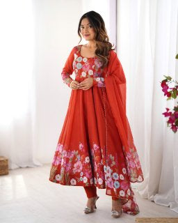 Premium Organza Silk Printed Anarkali Suit Set with Badla Jari & Gota Patti Work