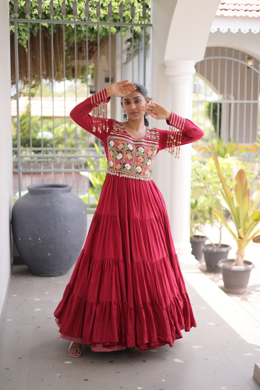 Reyon Navratri Gown with Kutchi Gamthi Embroidery & Mirror Work