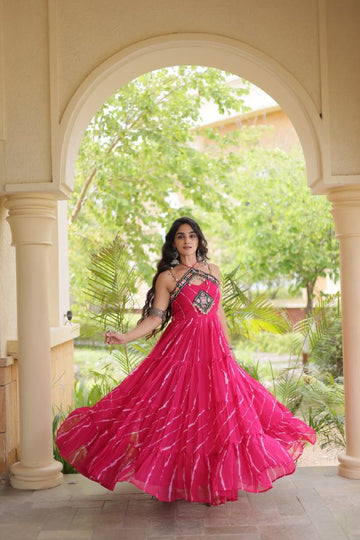Premium Faux Georgette Navratri Gown with Laheriya Print & Kutchi Patchwork